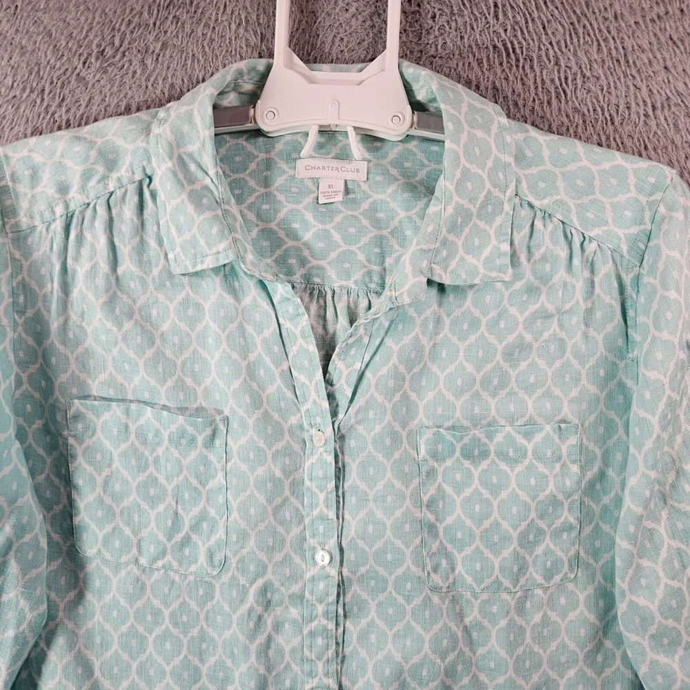 Charter Club Linen Shirt Top Women XL Button‎ Long Sleeve Geometric White Green